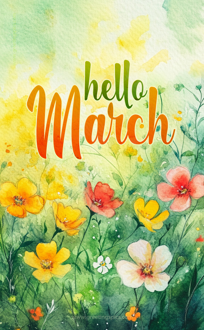 Hello March image with beautiful spring flowers (tall rectangle shape picture)