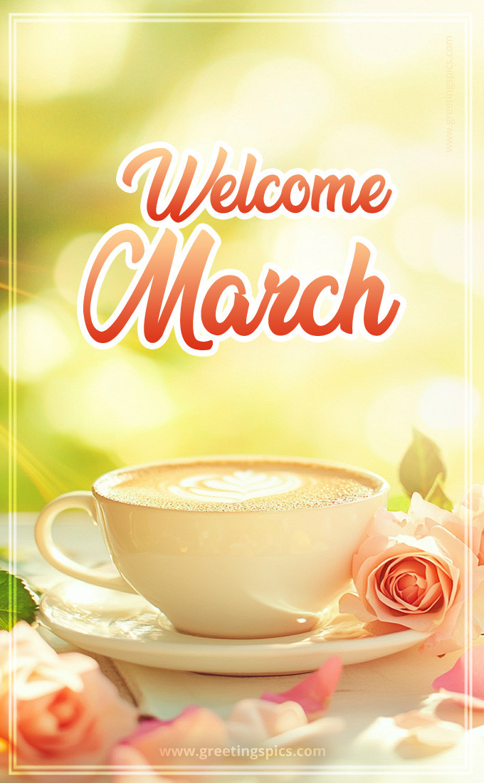 Welcome March image with cappuccino and roses (tall rectangle shape picture)