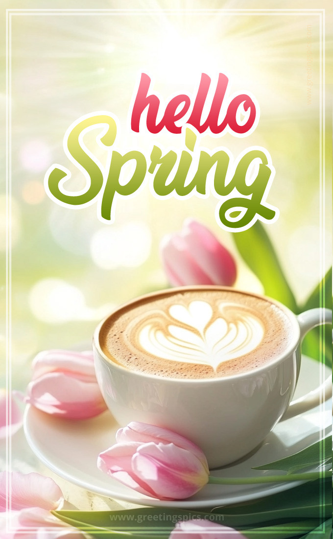 Hello Spring image with coffee and beautiful pink tulips (tall rectangle shape picture)