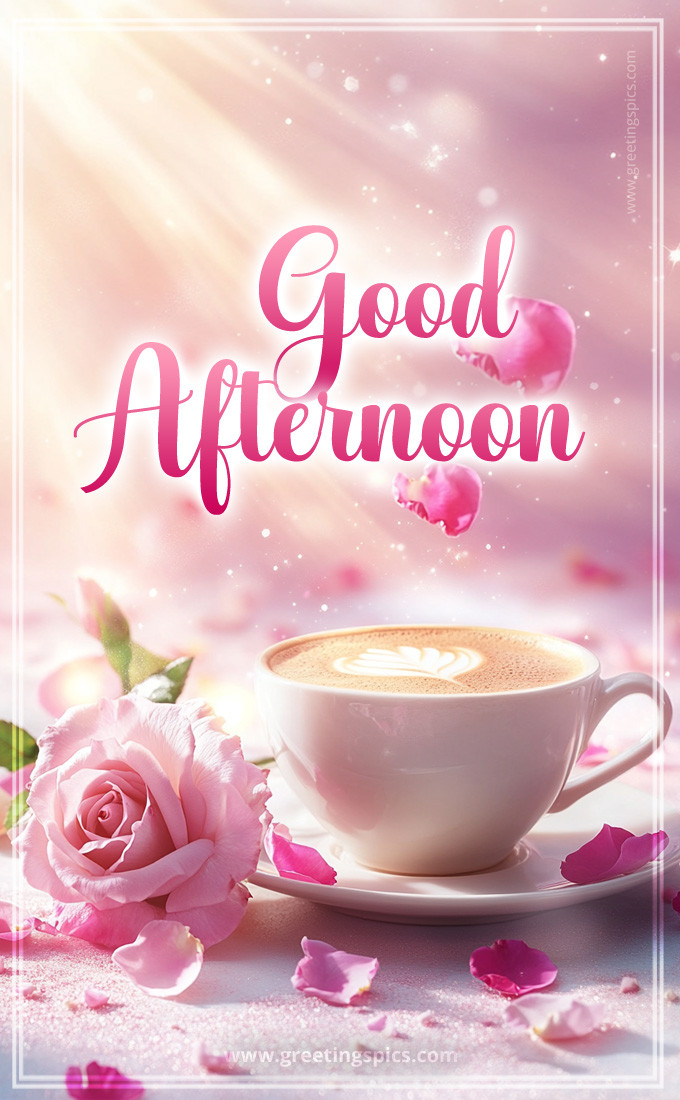 Good Afternoon picture with a cup of cappuccino and beautiful pink rose (tall rectangle shape picture)