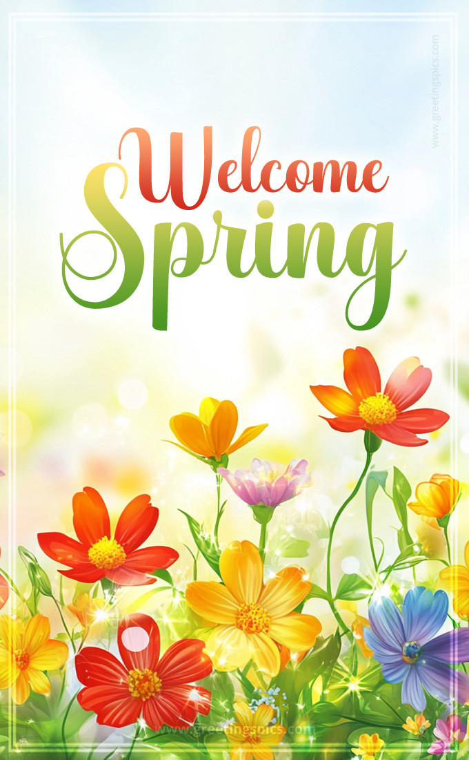 Welcome Spring image with colorful wildflowers (tall rectangle shape picture)