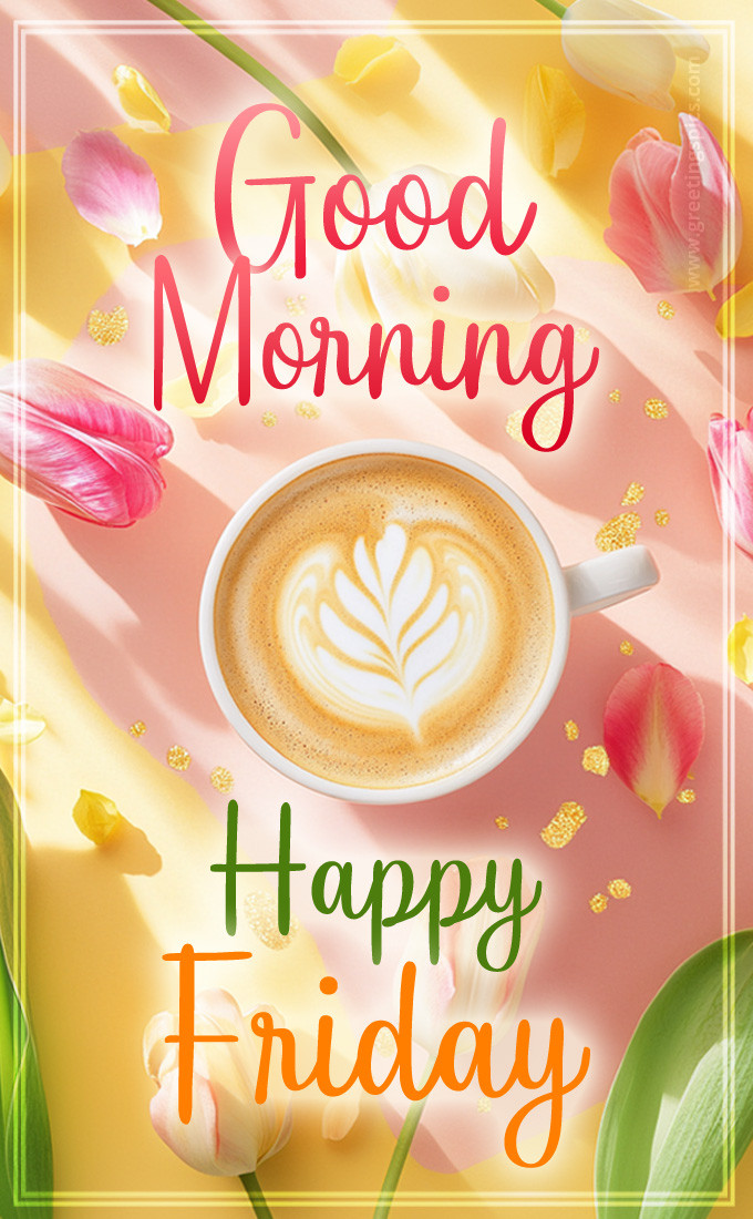 Good Morning Happy Friday colorful image with cappuccino and tulips (tall rectangle shape picture)
