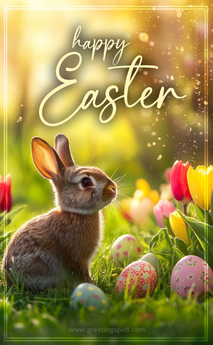Happy Easter picture with colorful tulips and a cute rabbit in the grass (tall rectangle shape picture)