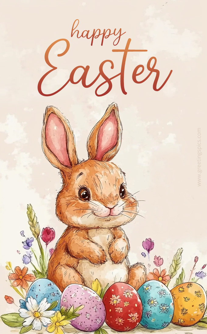Happy Easter drawing picture with cute bunny, eggs and flowers (tall rectangle shape picture)
