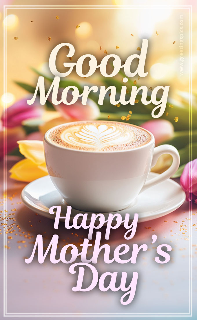 Good Morning Happy Mother's Day image with a cup of latte and tulips (tall rectangle shape picture)