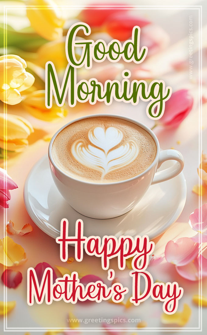 Good Morning Happy Mother's Day picture with a cappuccino and colorful tulips (tall rectangle shape picture)