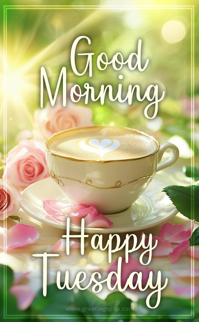 Good Morning and Happy Tuesday image with a cup of cappuccino and delicate roses (tall rectangle shape picture)