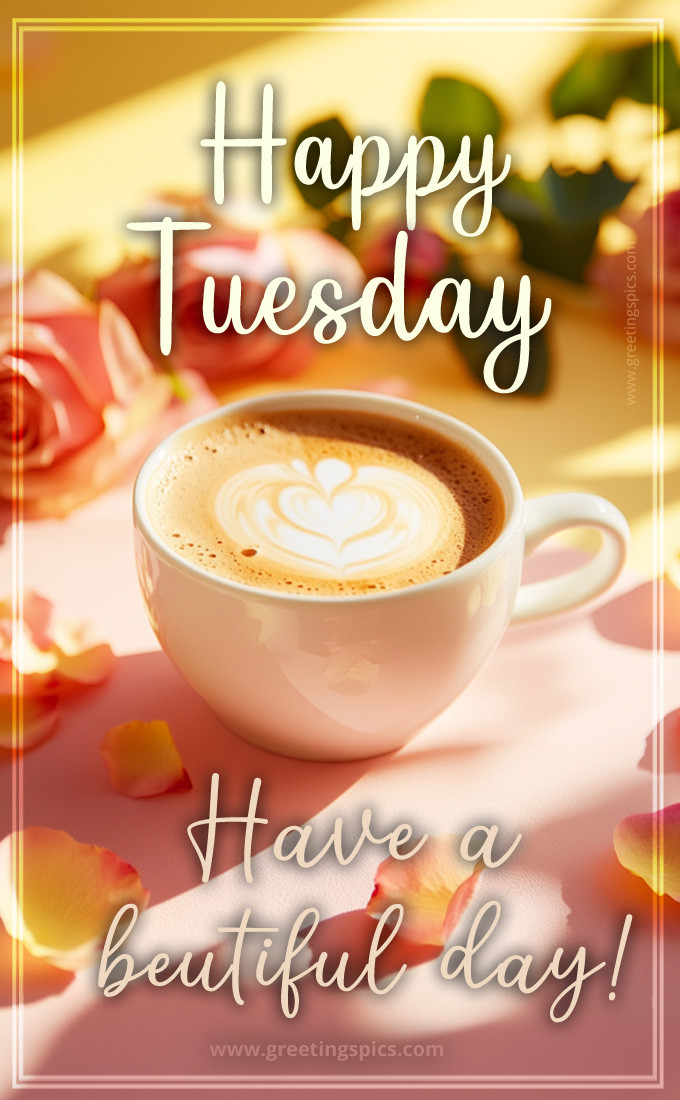 Happy Tuesday beautiful image with a cup of latte and rose petals (tall rectangle shape picture)