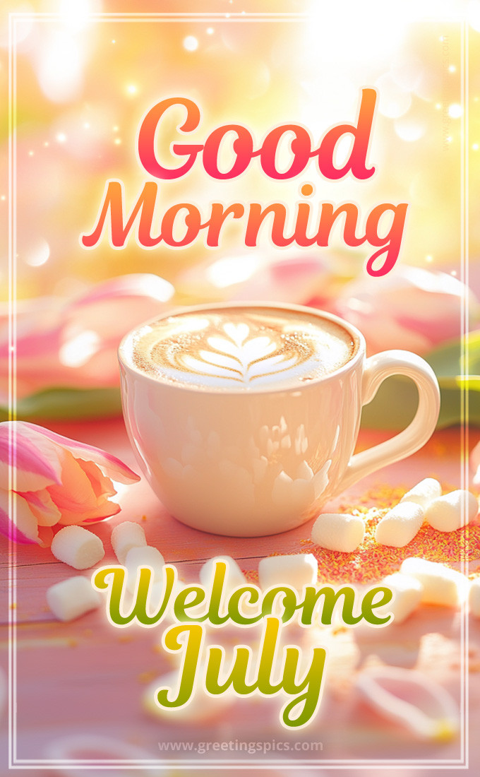 Good Morning Welcome July image with cappuccino and marshmallows (tall rectangle shape picture)