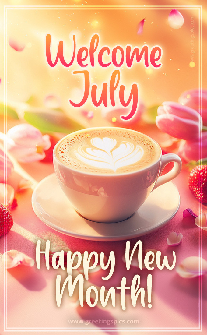 Welcome July colorful picture with a cup of cappuccino and strawberries (tall rectangle shape picture)