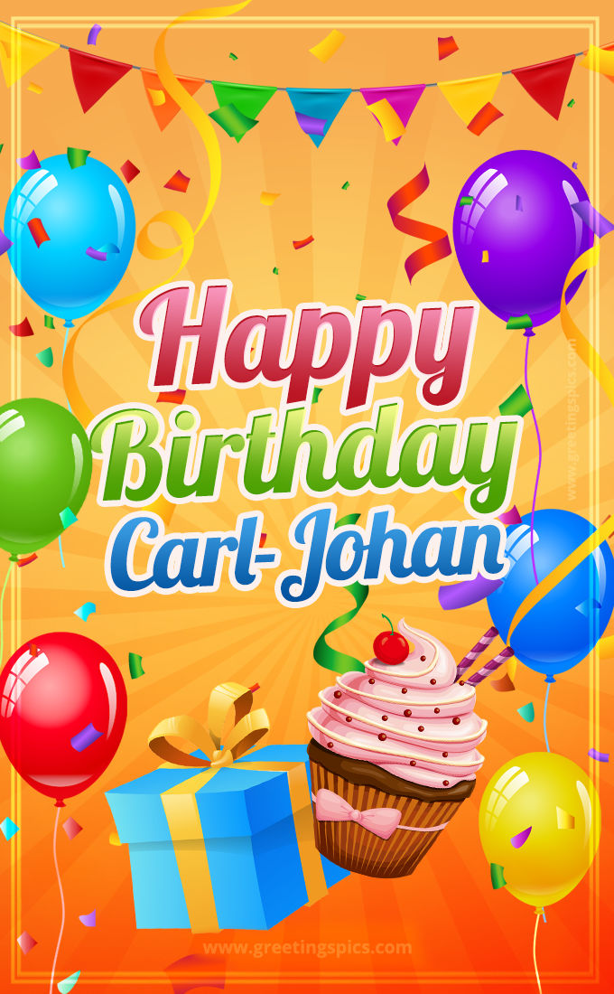 Happy Birthday Carl-Johan eCard with gift box and cupcake (tall rectangle shape picture)