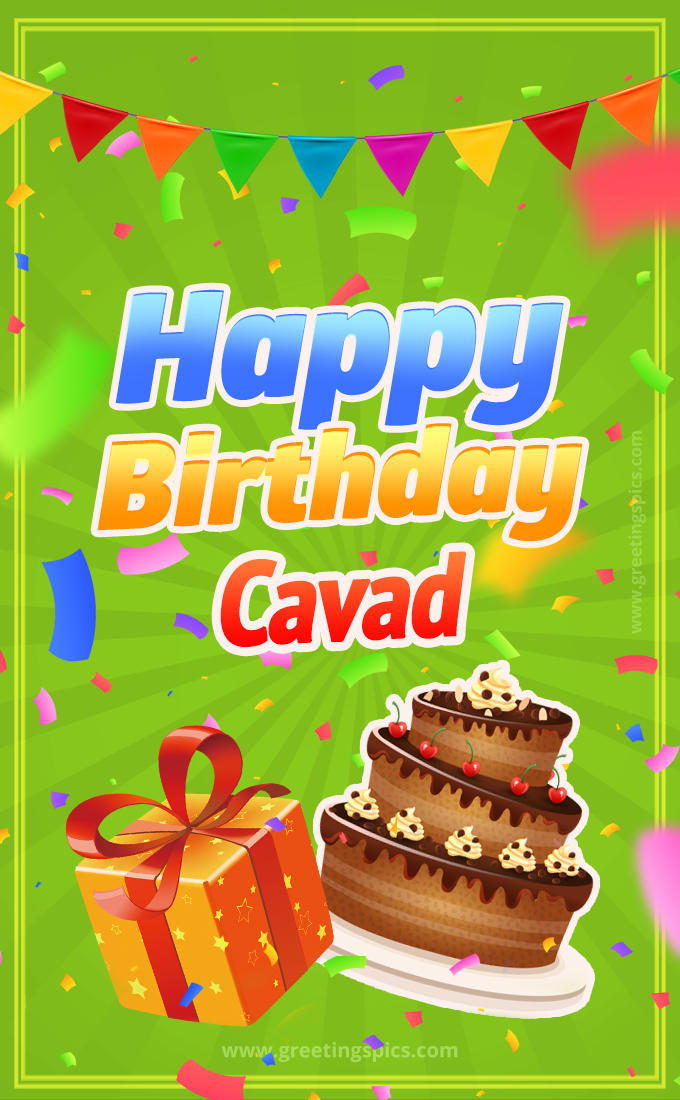 Happy Birthday Cavad picture with flags, chocolate cake and gift box (tall rectangle shape picture)