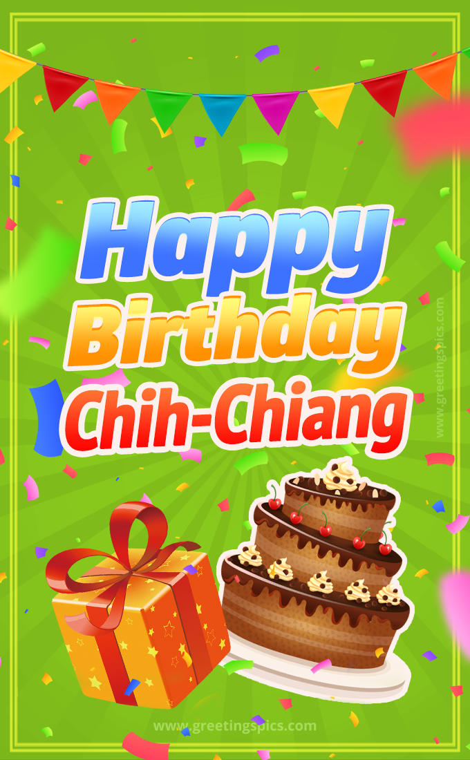 Happy Birthday Chih-Chiang picture with flags, chocolate cake and gift box (tall rectangle shape picture)