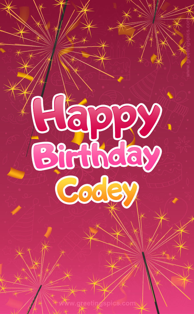 Happy Birthday Codey Image with sparklers (tall rectangle shape picture)