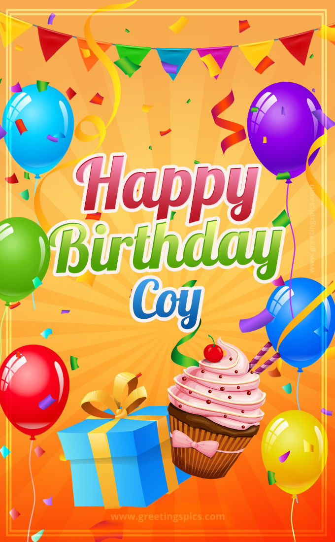 Happy Birthday Coy eCard with gift box and cupcake (tall rectangle shape picture)