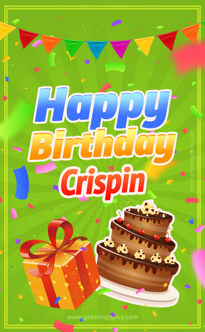 Happy Birthday Crispin picture with flags, chocolate cake and gift box (tall rectangle shape picture)