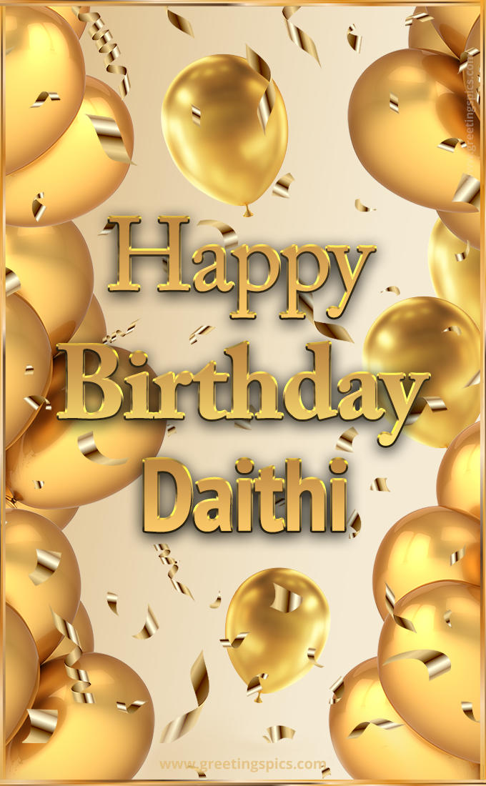 Happy Birthday Daithi Card with golden confetti and balloons (tall rectangle shape picture)