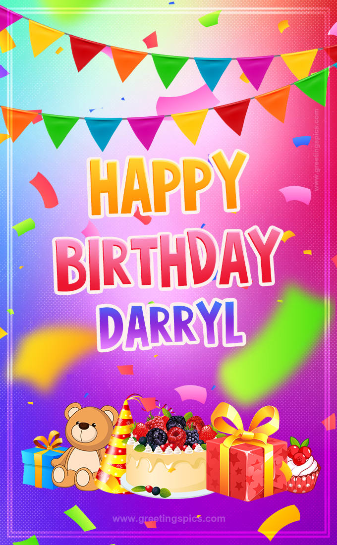 Bright card with Wishes for a Happy Birthday for Darryl (tall rectangle shape picture)