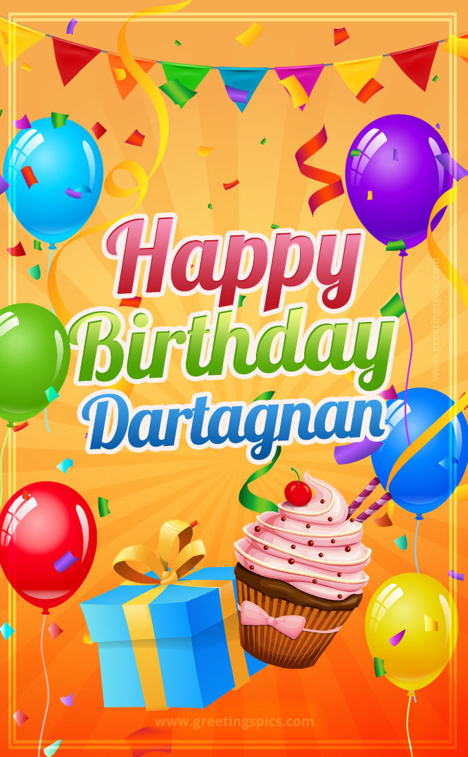 Happy Birthday Dartagnan eCard with gift box and cupcake (tall rectangle shape picture)