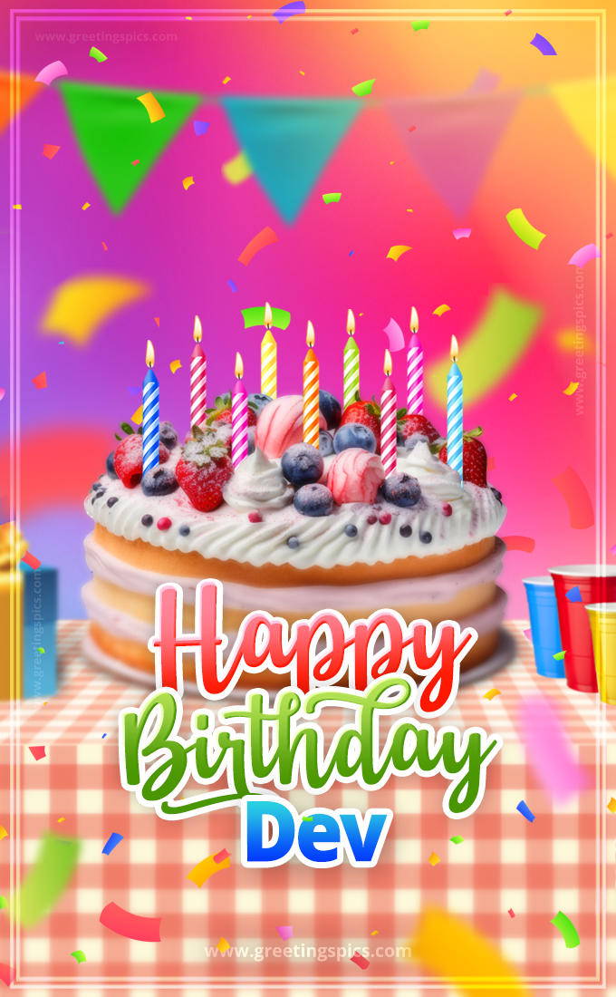 Happy Birthday Dev Colorful Image with fruit cake and candles (tall rectangle shape picture)
