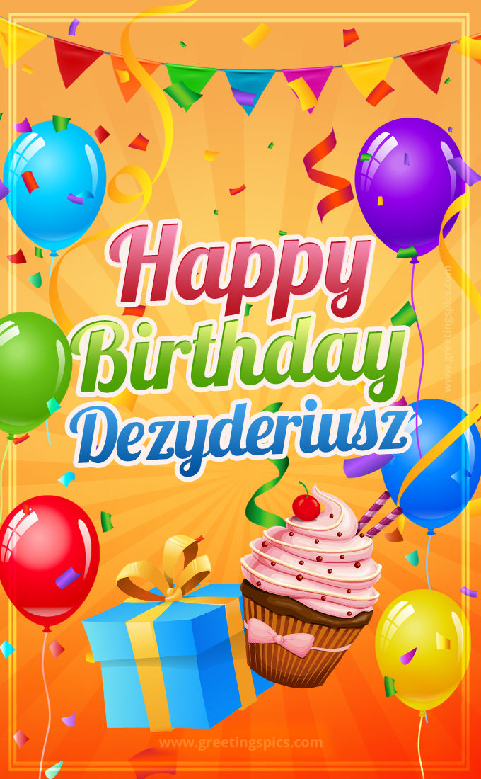 Happy Birthday Dezyderiusz eCard with gift box and cupcake (tall rectangle shape picture)