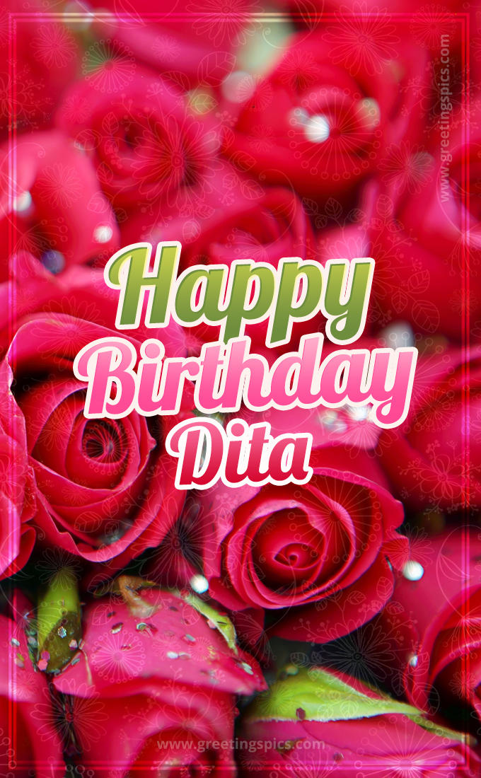 Happy Birthday Dita beautiful Image with red roses (tall rectangle shape picture)