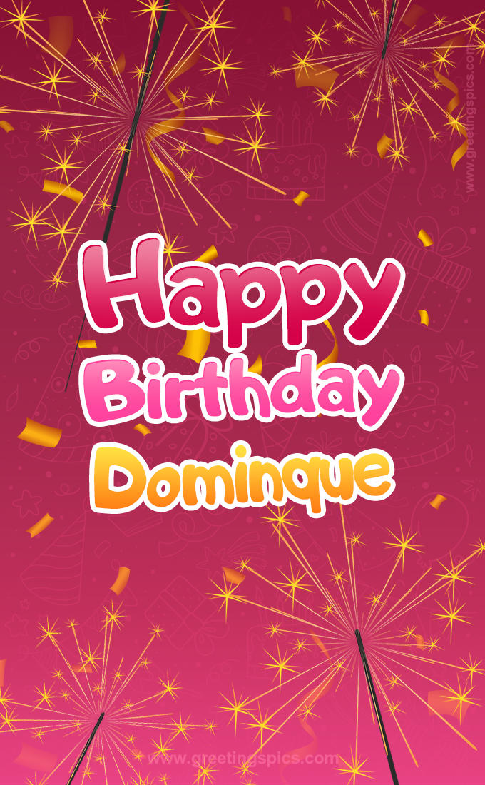 Happy Birthday Dominque Image with sparklers (tall rectangle shape picture)