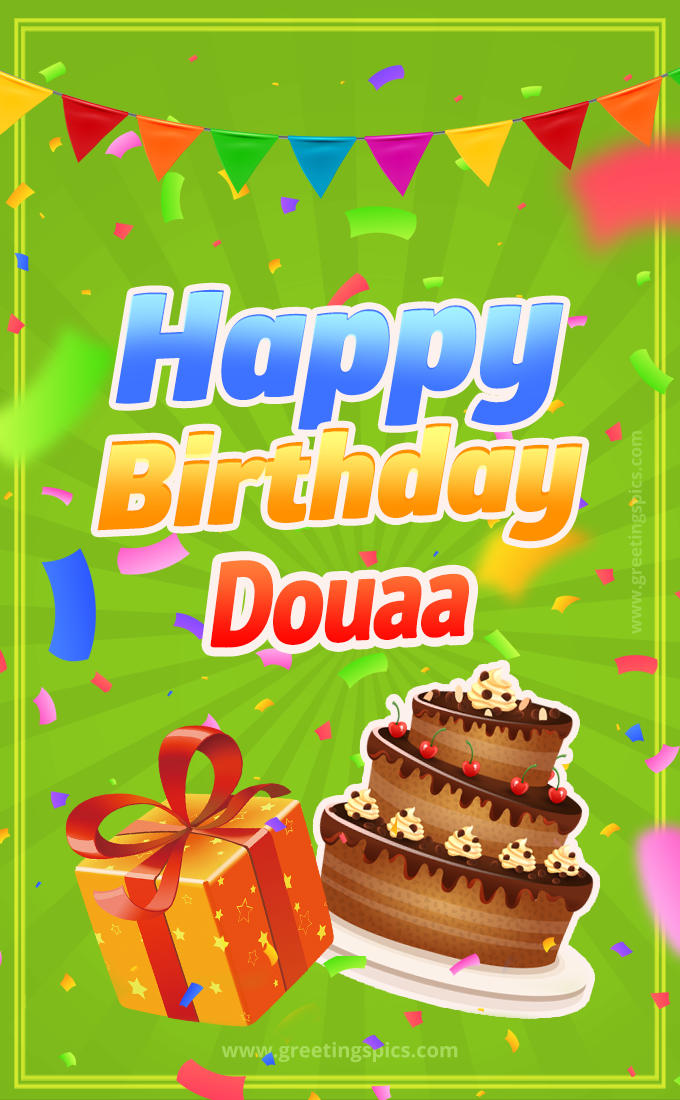 Happy Birthday Douaa picture with flags, chocolate cake and gift box (tall rectangle shape picture)