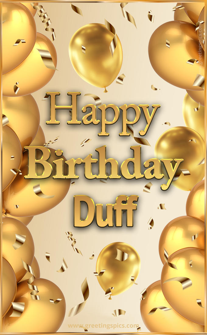 Happy Birthday Duff Card with golden confetti and balloons (tall rectangle shape picture)