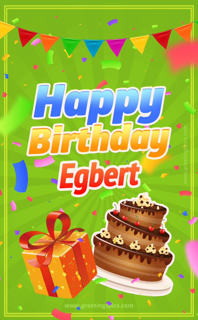 Happy Birthday Egbert picture with flags, chocolate cake and gift box (tall rectangle shape picture)