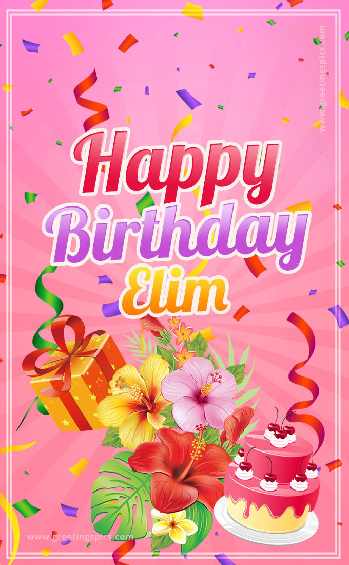 Beautiful Birthday Card for Elim with Cake and bouquet of flowers (tall rectangle shape picture)