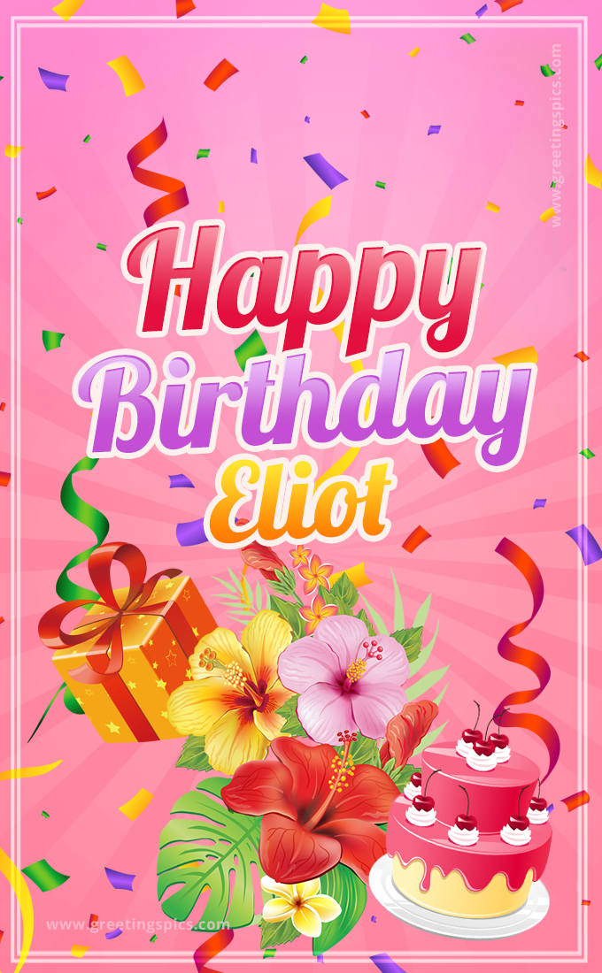 Beautiful Birthday Card for Eliot with Cake and bouquet of flowers (tall rectangle shape picture)