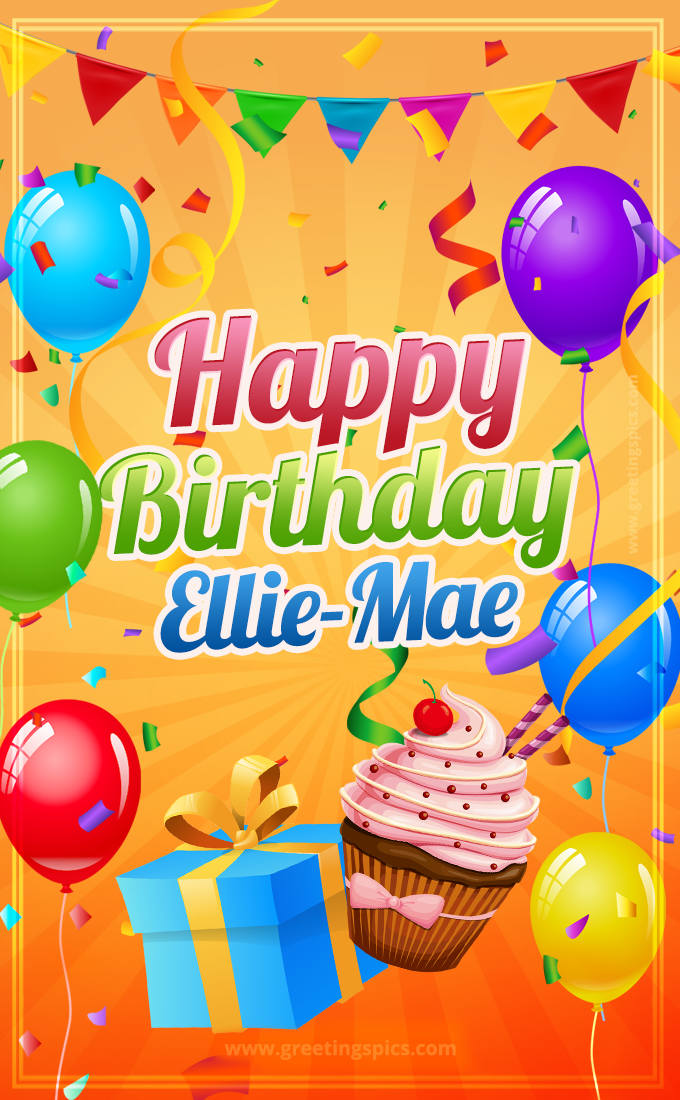 Happy Birthday Ellie-Mae eCard with gift box and cupcake (tall rectangle shape picture)