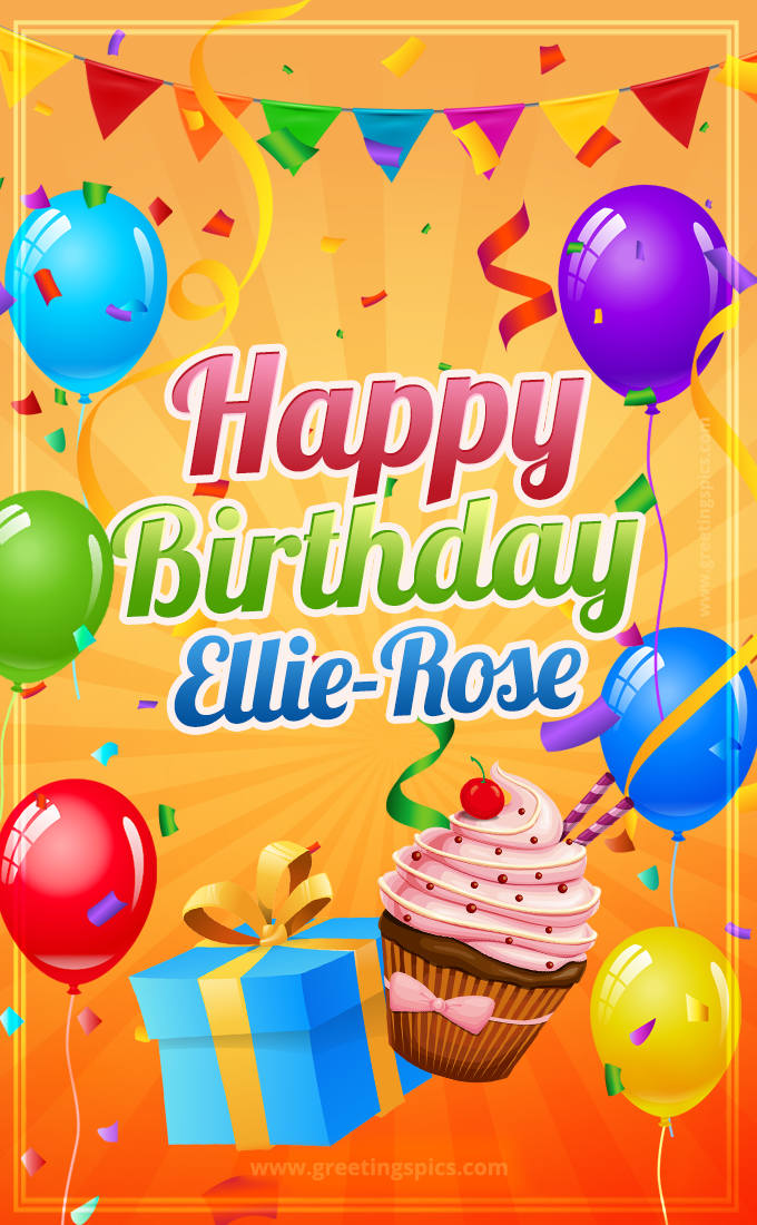 Happy Birthday Ellie-Rose eCard with gift box and cupcake (tall rectangle shape picture)