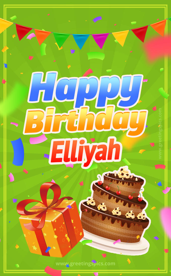 Happy Birthday Elliyah picture with flags, chocolate cake and gift box (tall rectangle shape picture)