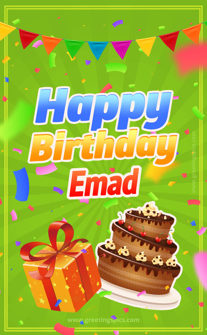 Happy Birthday Emad picture with flags, chocolate cake and gift box (tall rectangle shape picture)