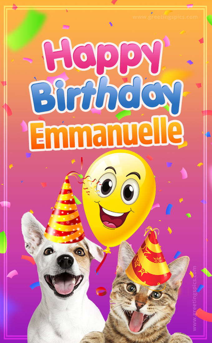 Happy Birthday Emmanuelle Funny Image with cat and dog (tall rectangle shape picture)