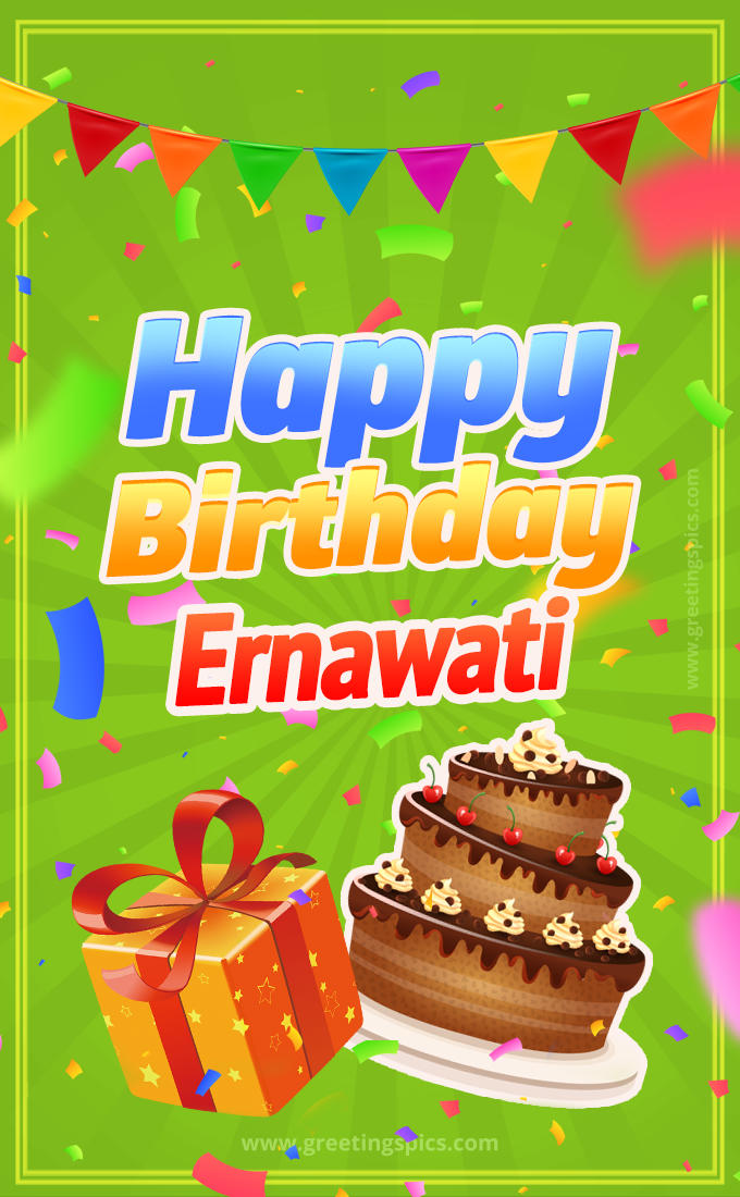 Happy Birthday Ernawati picture with flags, chocolate cake and gift box (tall rectangle shape picture)