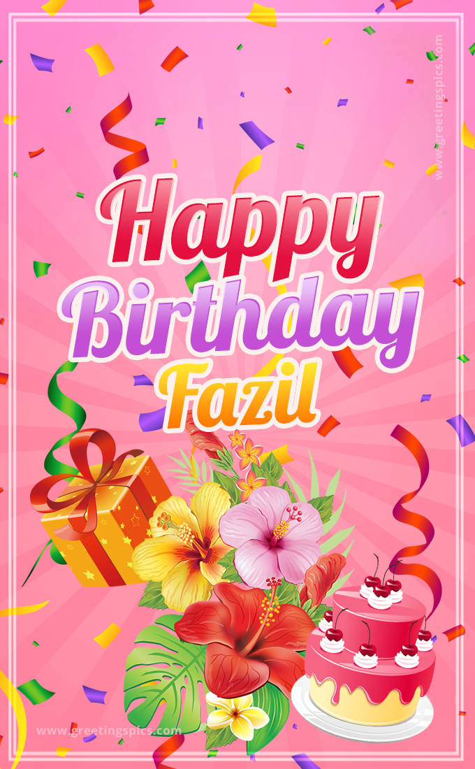 Beautiful Birthday Card for Fazil with pink background (tall rectangle shape picture)