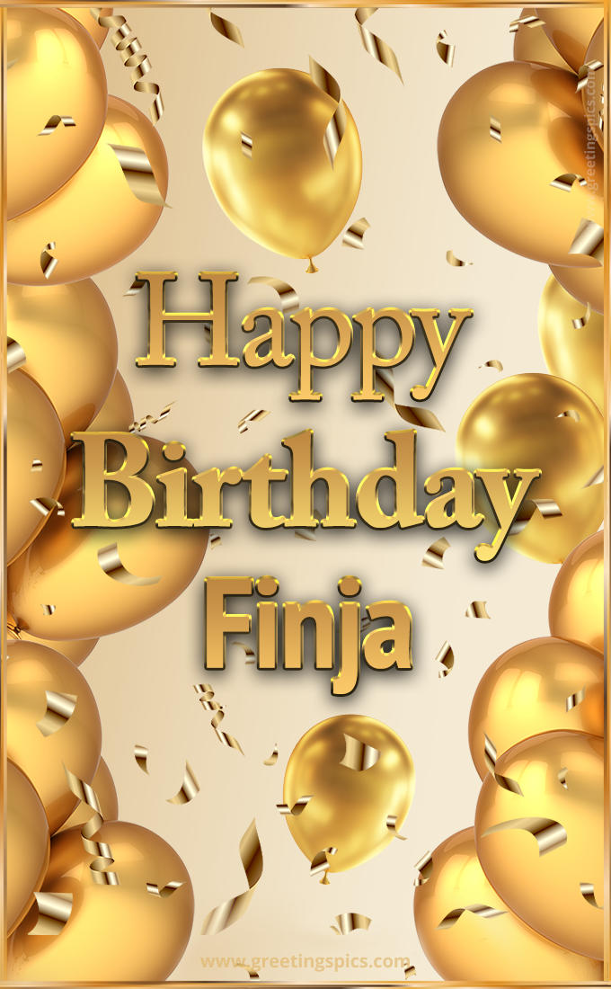 Happy Birthday Finja Card with golden confetti and balloons (tall rectangle shape picture)