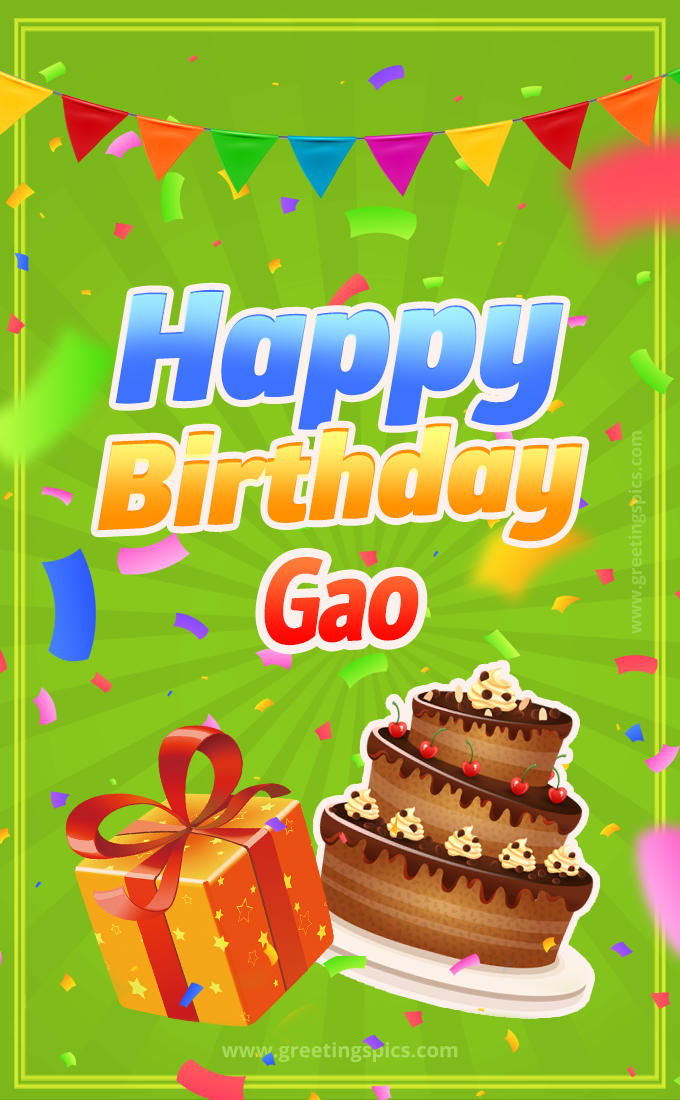 Happy Birthday Gao picture with flags, chocolate cake and gift box (tall rectangle shape picture)