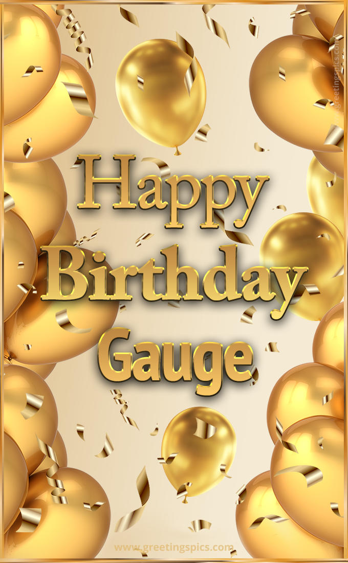 Happy Birthday Gauge Card with golden confetti and balloons (tall rectangle shape picture)