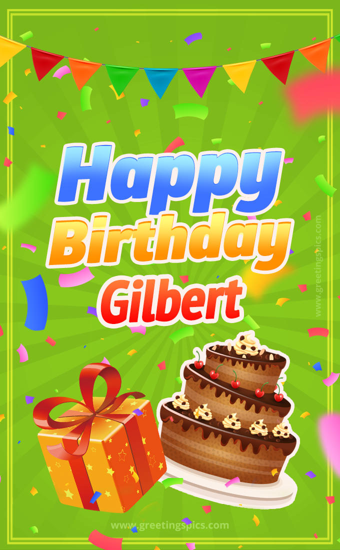 Happy Birthday Gilbert picture with flags, chocolate cake and gift box (tall rectangle shape picture)