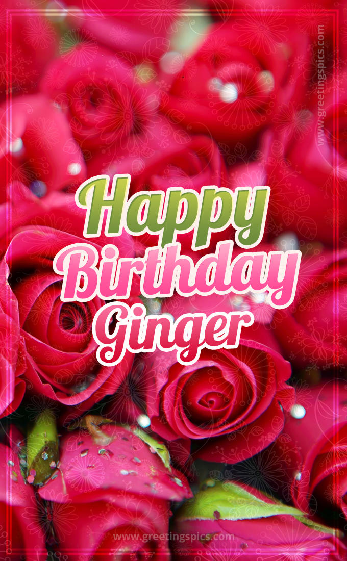 Happy Birthday Ginger beautiful Image with red roses (tall rectangle shape picture)