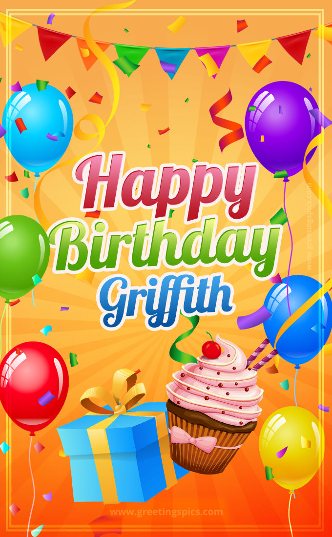 Happy Birthday Griffith eCard with gift box and cupcake (tall rectangle shape picture)