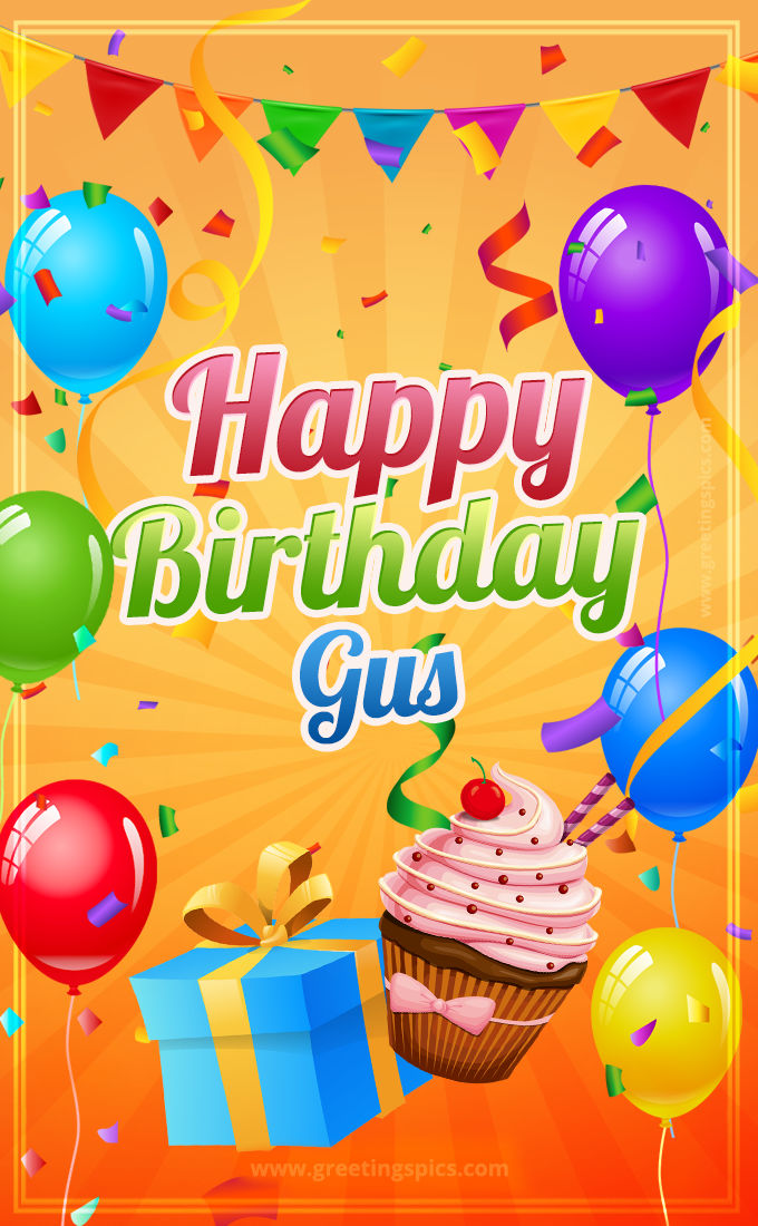 Happy Birthday Gus eCard with gift box and cupcake (tall rectangle shape picture)
