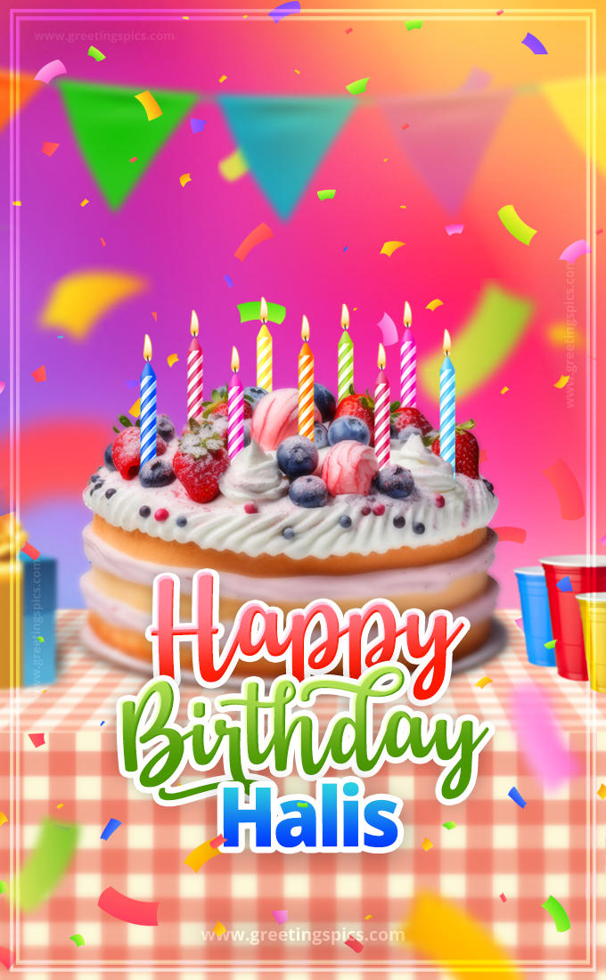 Happy Birthday Halis Colorful Image with fruit cake and candles (tall rectangle shape picture)