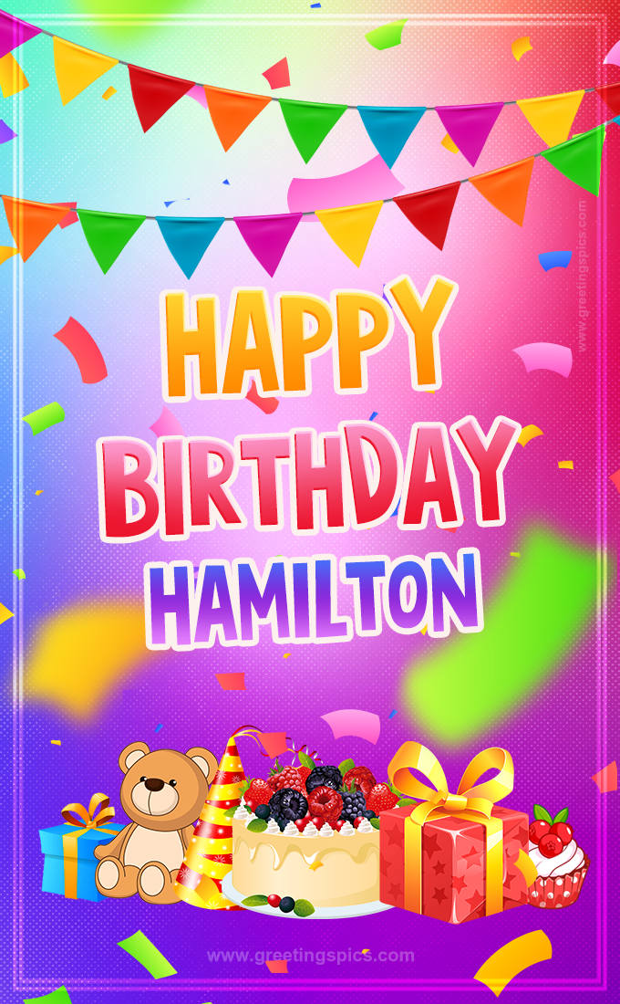 Bright card with Wishes for a Happy Birthday for Hamilton (tall rectangle shape picture)