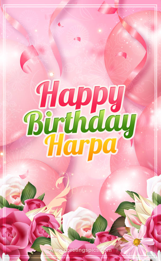 Image with gentle pink background and flowers Happy Birthday Harpa (tall rectangle shape picture)