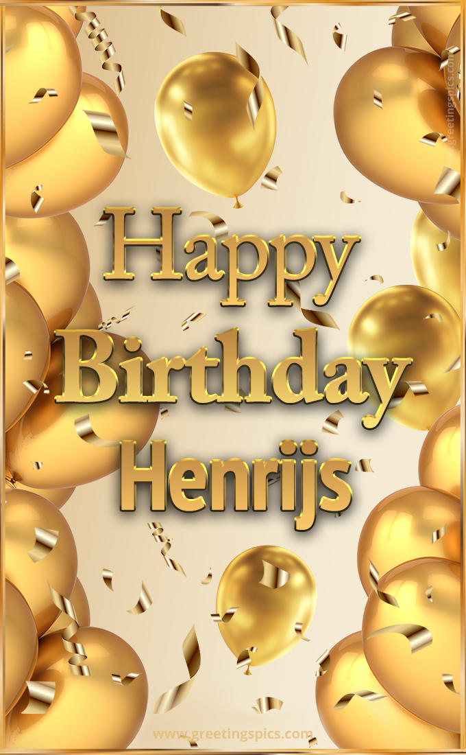 Happy Birthday Henrijs Card with golden confetti and balloons (tall rectangle shape picture)